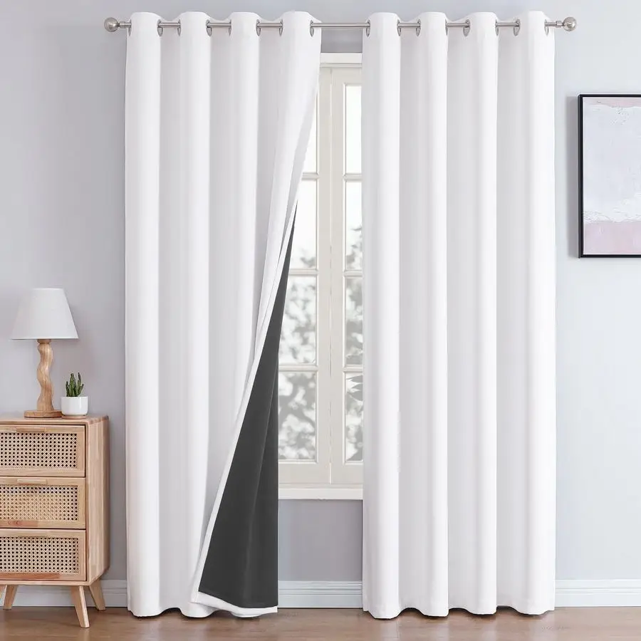 White 100 Blackout Curtains for Bedroom with Black Liner, 2 Thick Layers Total Blackout Thermal Insulated Grommet Window Curtain
White 100 Blackout Curtains for Bedroom with Black Liner, 2 Thick Layers Total Blackout Thermal Insulated Grommet Window Curtain