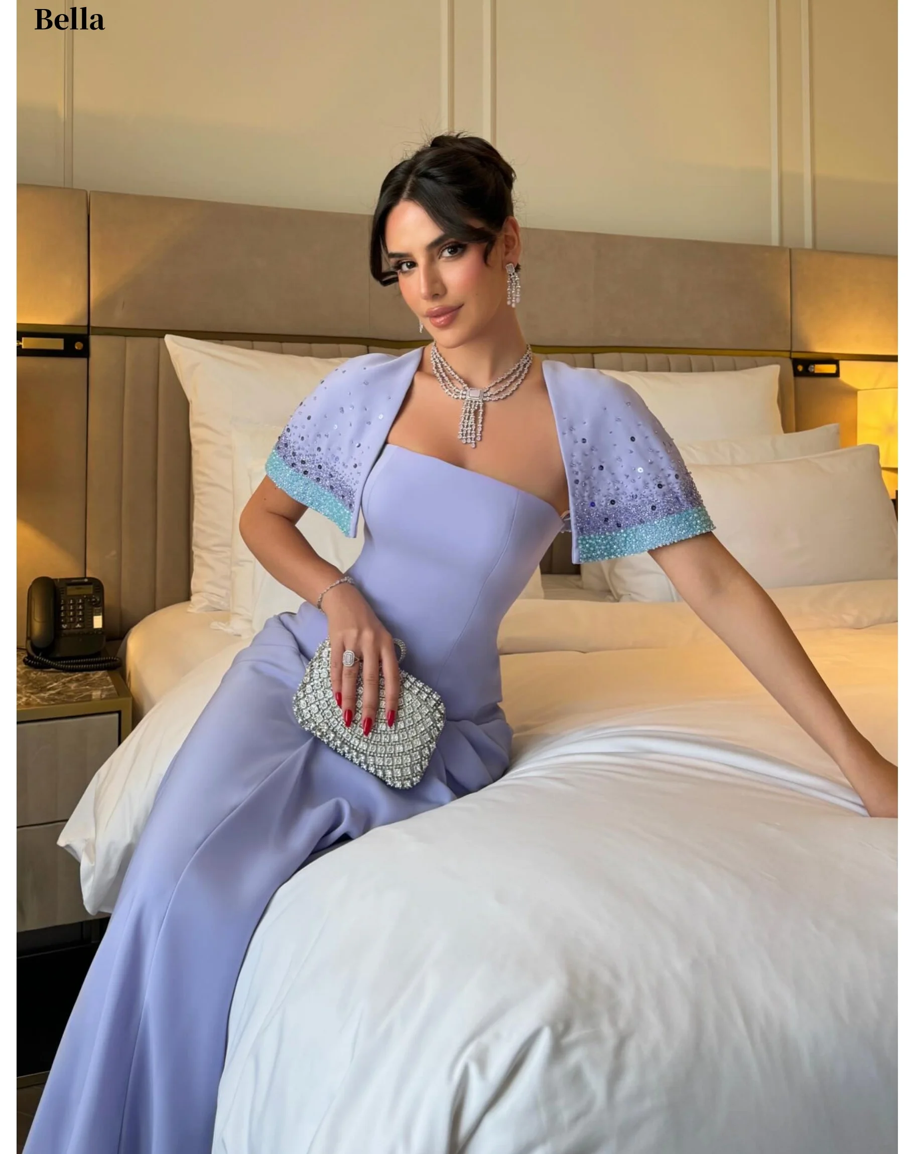 Bella Customized Lavender Elegant Strapless Prom Dresses Sexy Chapel A-line vestidos de noche Beaded Cape Formal Evening 2026
Bella Customized Lavender Elegant Strapless Prom Dresses Sexy Chapel A-line vestidos de noche Beaded Cape Formal Evening 2026