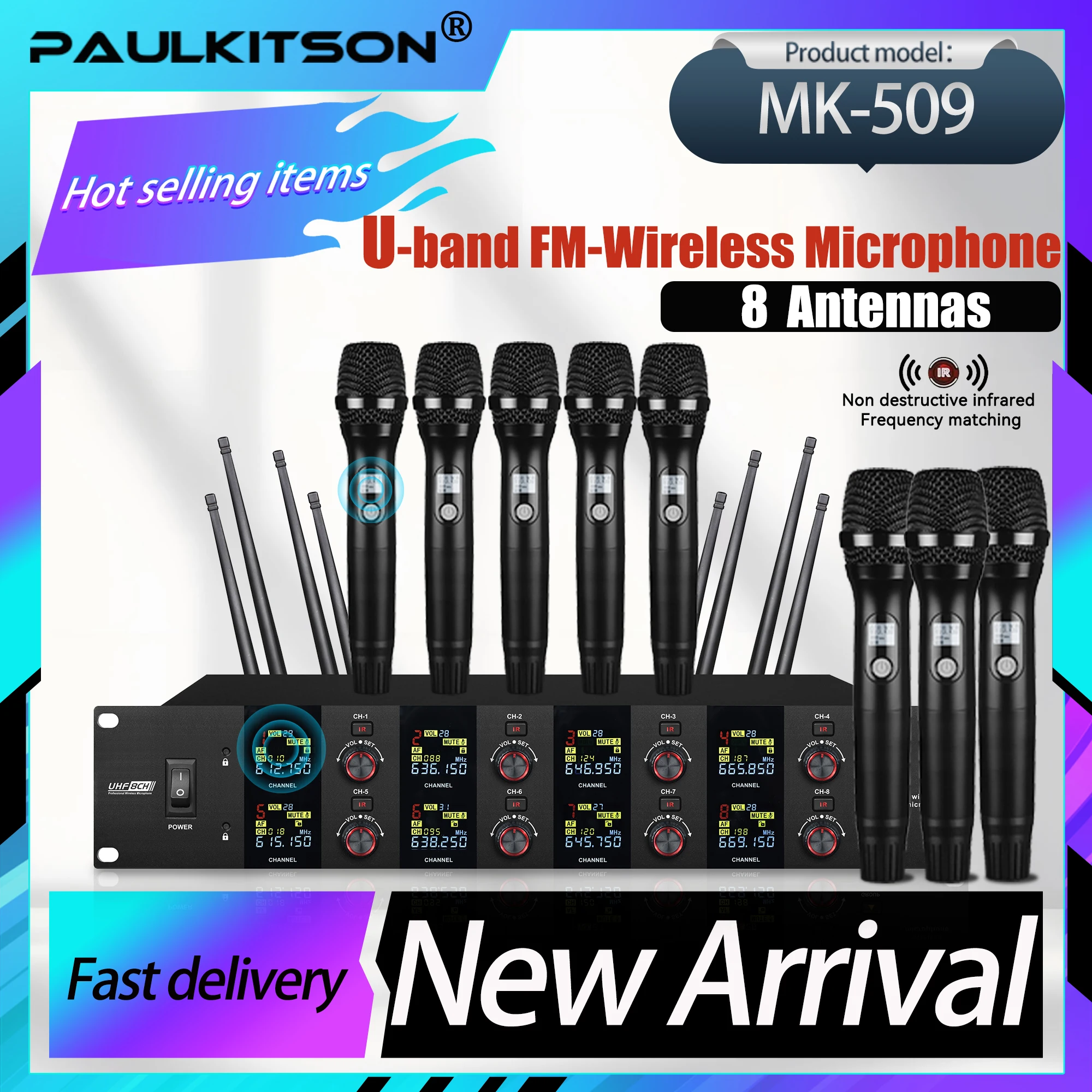 Paulkitson MK509 Professional Wireless Microphone Eight Channel UHF 610-670MHz Highend Conference Singer Collar Clamp Microphone
Paulkitson MK509 Professional Wireless Microphone Eight Channel UHF 610-670MHz Highend Conference Singer Collar Clamp Microphone
