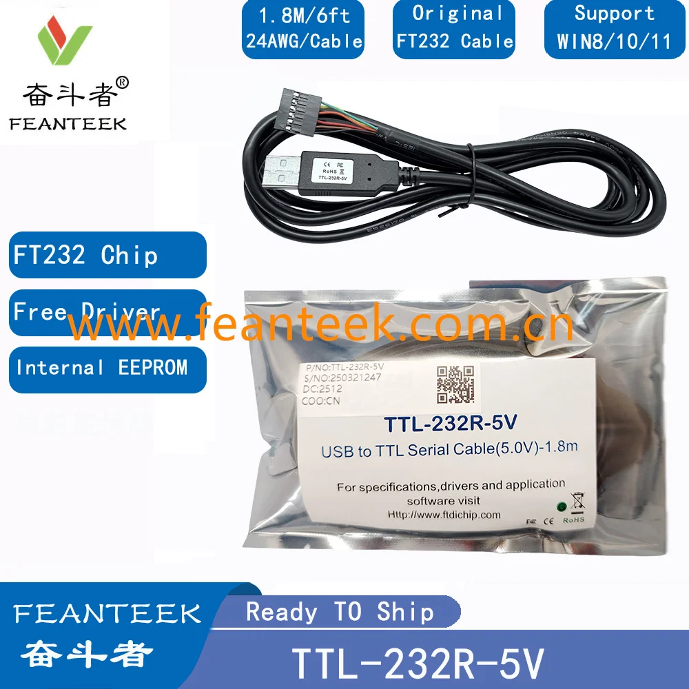 Feanteek TTL-232R-5V USB TO UART Cable FT232RQ Chip USB Debug TTL232R 3.3V Logic Level Arduino download
Feanteek TTL-232R-5V USB TO UART Cable FT232RQ Chip USB Debug TTL232R 3.3V Logic Level Arduino download