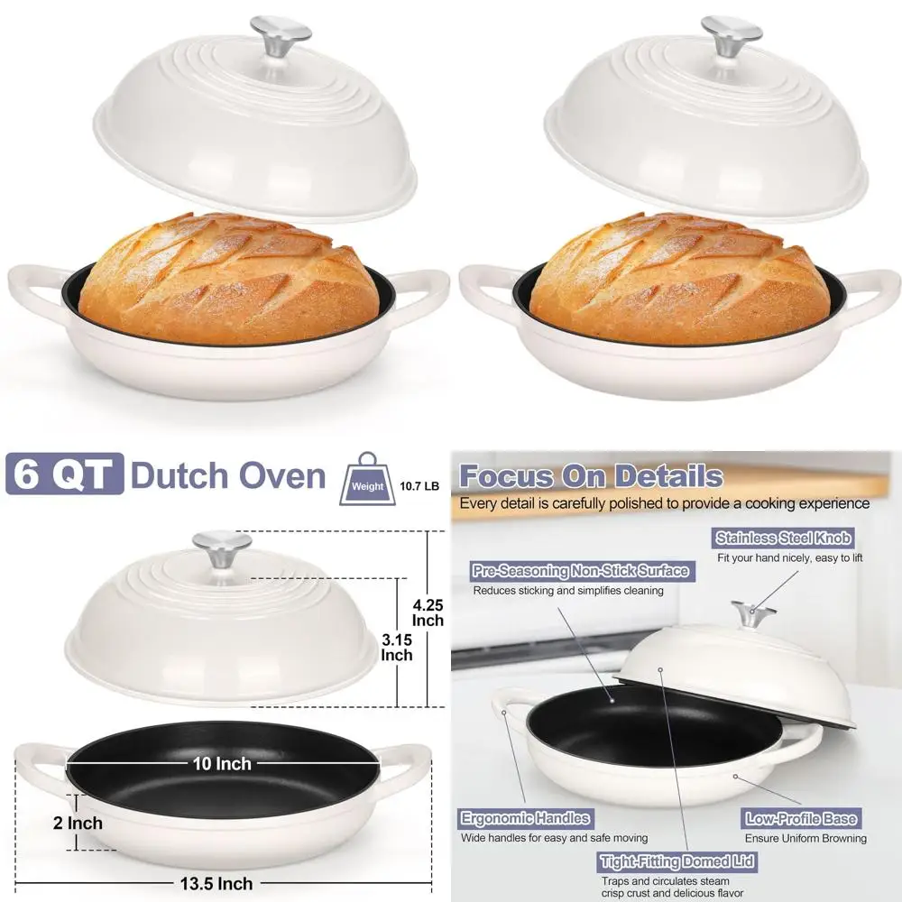 Enameled Cast Iron 6 Qt Dutch Oven for Sourdough, Tall-Lid, Round Base, Even Heat, Non-stick, White
Enameled Cast Iron 6 Qt Dutch Oven for Sourdough, Tall-Lid, Round Base, Even Heat, Non-stick, White