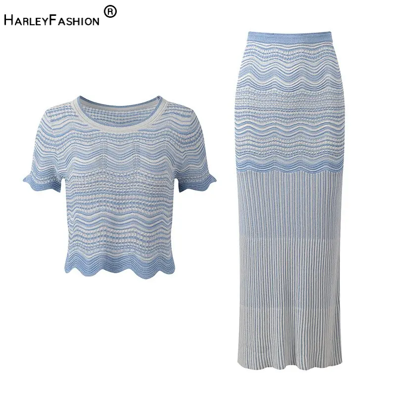 Lady Summer Elegant Style Casual Suit O-neck Short Sleeve Pullover Tops Slim Fitted Long Skirt Women Wavy Striped Knit 2pcs
Lady Summer Elegant Style Casual Suit O-neck Short Sleeve Pullover Tops Slim Fitted Long Skirt Women Wavy Striped Knit 2pcs