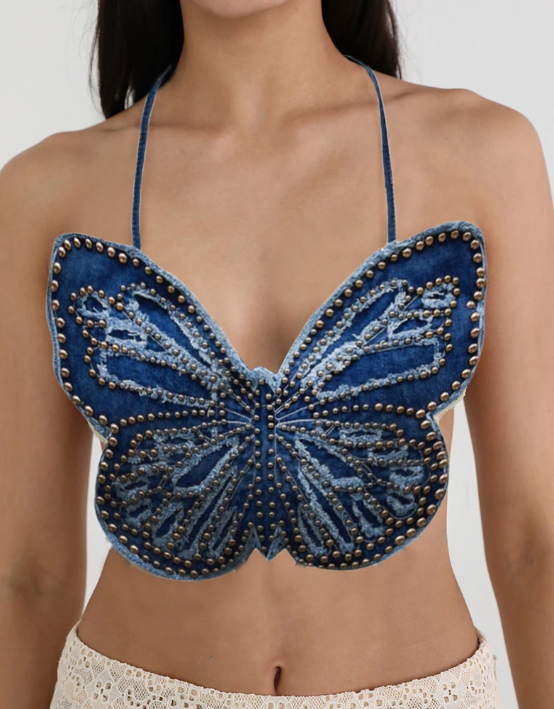Hot European and American jeans halter heavy order bead female summer halter strap halter butterfly design blouse
Hot European and American jeans halter heavy order bead female summer halter strap halter butterfly design blouse