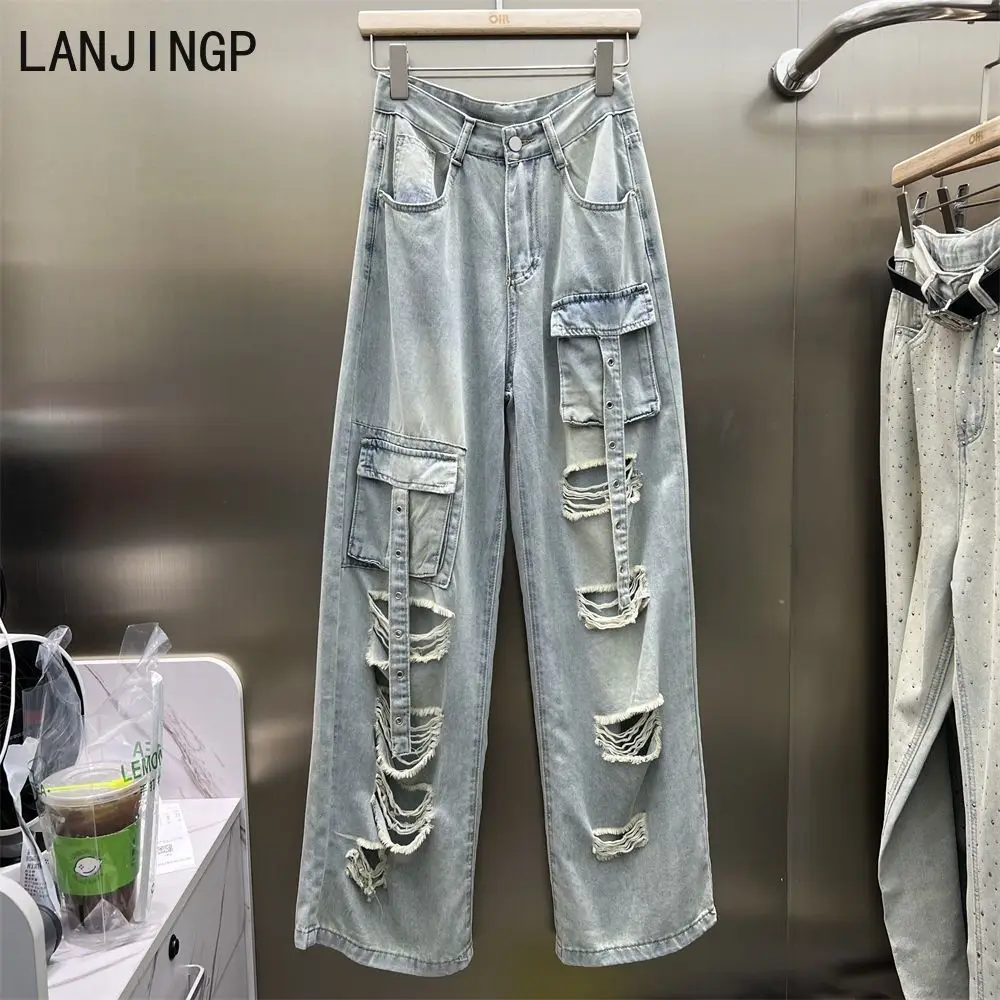 Light blue fashionable ripped three-dimensional tooling pocket denim trousers women's summer thin floor pants tide
Light blue fashionable ripped three-dimensional tooling pocket denim trousers women's summer thin floor pants tide