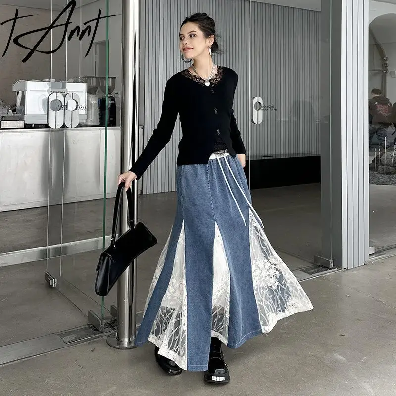 Tannt Women Skirt Lace Patchwork Irregular Long Denim Skirts Asymmetric Blue High-waisted Women Long Skirts 2025 New
Tannt Women Skirt Lace Patchwork Irregular Long Denim Skirts Asymmetric Blue High-waisted Women Long Skirts 2025 New