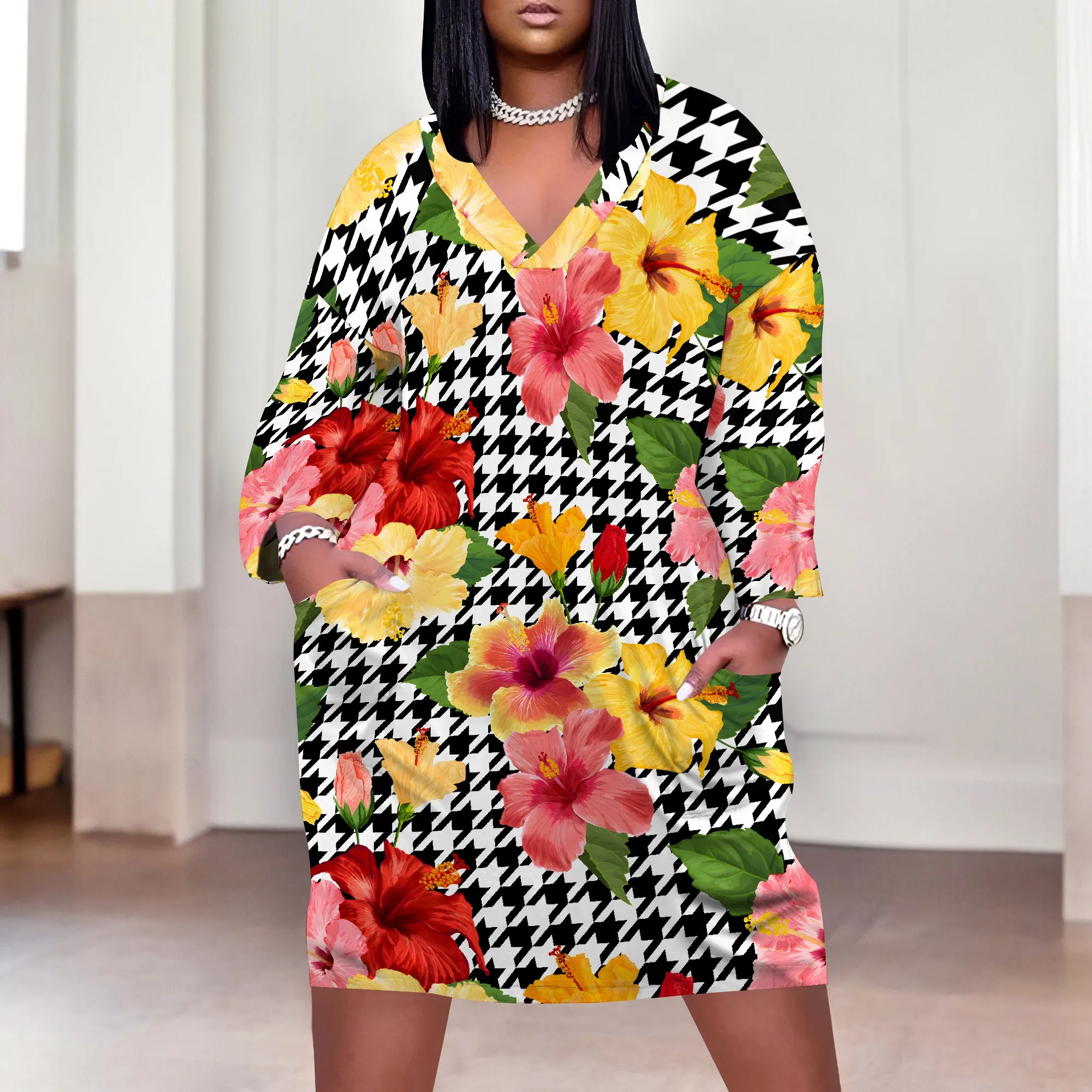 Plus Size Casual Dresses for Women Plus Size Sexy 3D Printed V Neck Long-sleeved Loose Maxi Dress with pockets
Plus Size Casual Dresses for Women Plus Size Sexy 3D Printed V Neck Long-sleeved Loose Maxi Dress with pockets