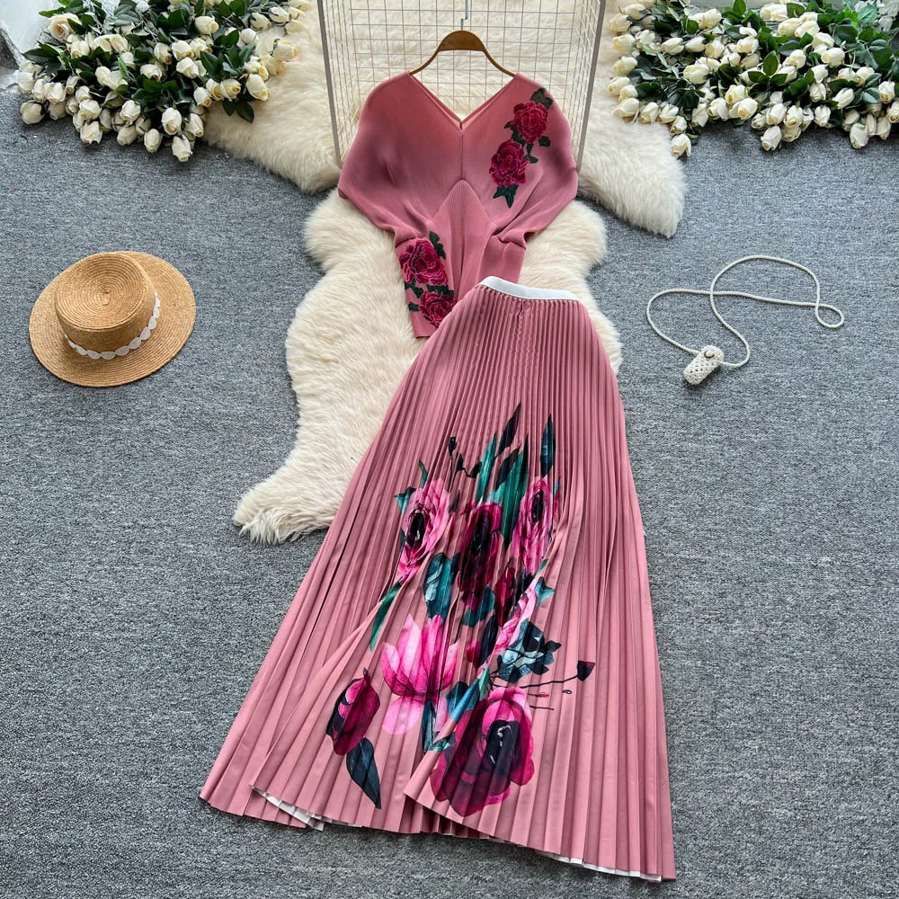 Two Pieces Women Dress Sets Solid Matching Sets V Neck Printing Top High Waist Pleat Dress Loose Fit Casual 2025 Autumn Winter
Two Pieces Women Dress Sets Solid Matching Sets V Neck Printing Top High Waist Pleat Dress Loose Fit Casual 2025 Autumn Winter