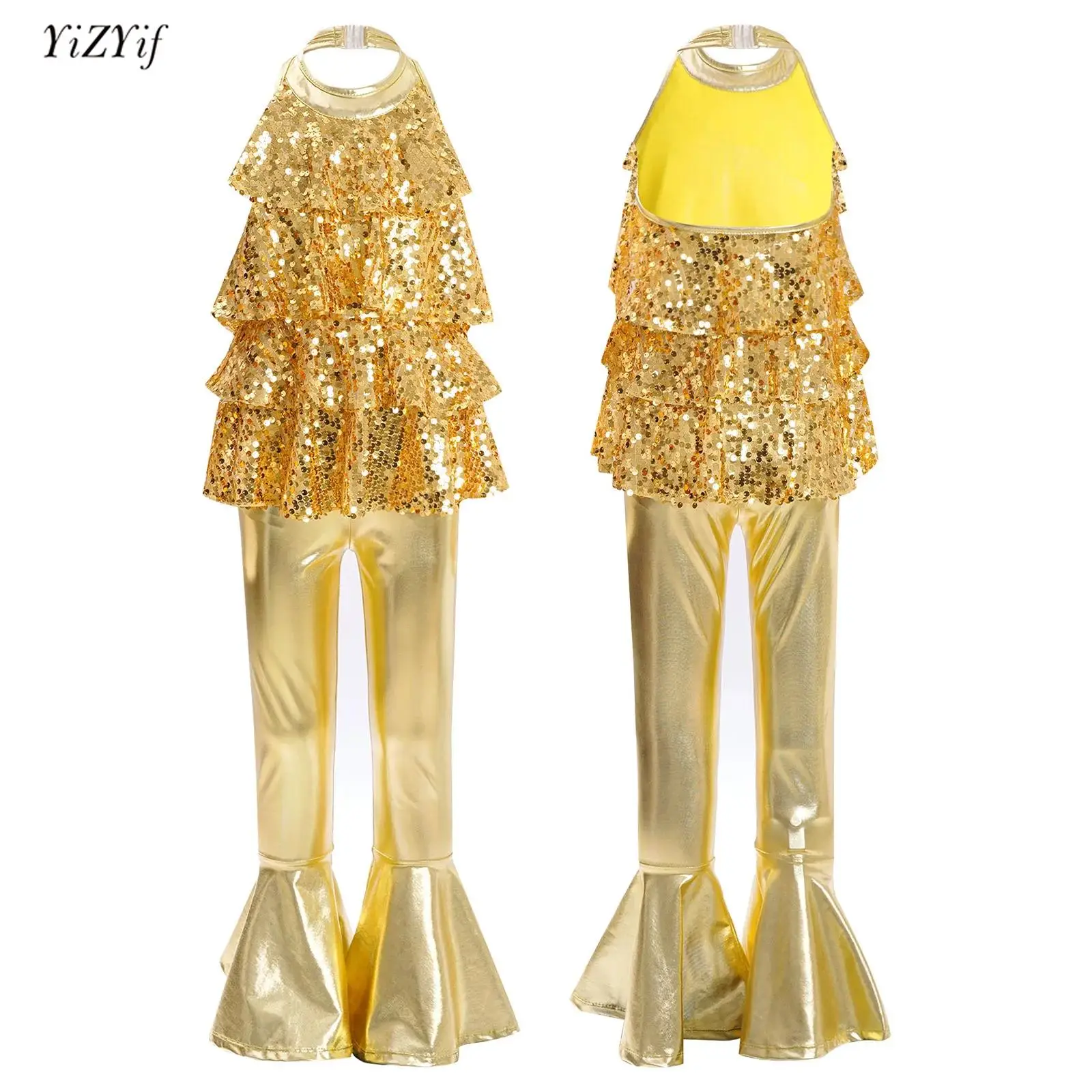 Kids Girls 70s Disco Modern Dance Costume Jazz Latin Dance Outfit Halter Shiny Sequin Ruffles Leotard+Metallic Bell-bottom Pants
Kids Girls 70s Disco Modern Dance Costume Jazz Latin Dance Outfit Halter Shiny Sequin Ruffles Leotard+Metallic Bell-bottom Pants