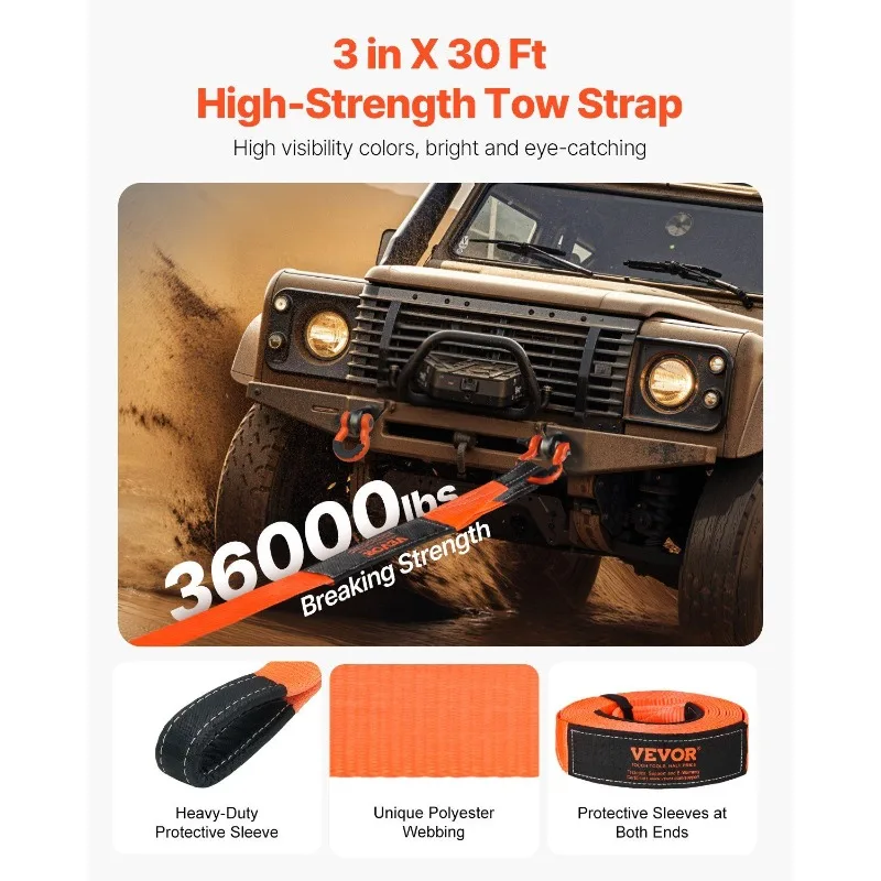 Heavy Duty Tow Strap Recovery Kit 3 in x 30 ft (MBS-36,000 lbs) Tree Saver Winch Strap, Triple Reinforced Loop & Protective Sleeves & Storage Bag, 3/4" D-Ring Shackles, for Truck Jeep SUV ATV
Heavy Duty Tow Strap Recovery Kit 3 in x 30 ft (MBS-36,000 lbs) Tree Saver Winch Strap, Triple Reinforced Loop & Protective Sleeves & Storage Bag, 3/4" D-Ring Shackles, for Truck Jeep SUV ATV