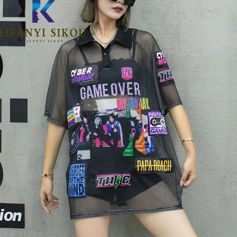 Black Mesh T-Shirt Women Patch Design Fashion Letter Print Tshirt Streetwear Loose Tops Female Hollow Out Short Sleeve Tees
Black Mesh T-Shirt Women Patch Design Fashion Letter Print Tshirt Streetwear Loose Tops Female Hollow Out Short Sleeve Tees