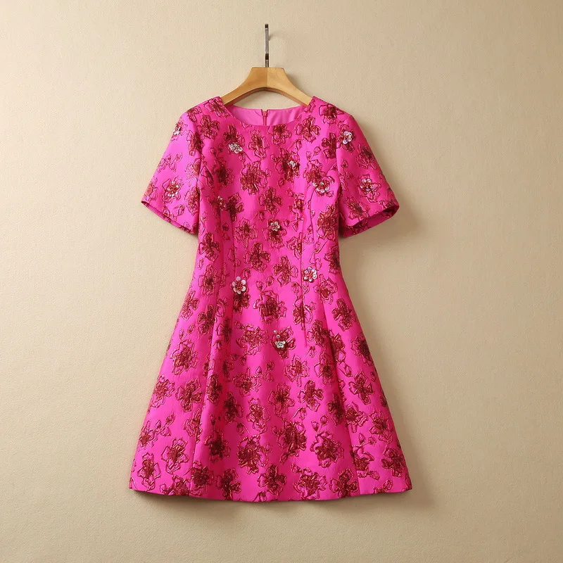 European and American women's clothes 2023 summer new Round neck and short sleeves fashion Beaded Jacquard Rose Dress
European and American women's clothes 2023 summer new Round neck and short sleeves fashion Beaded Jacquard Rose Dress
