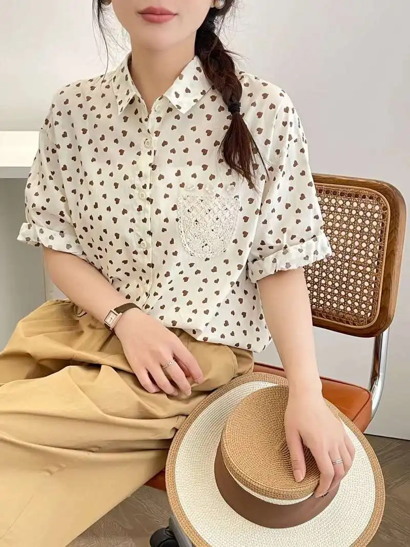 Elegant luxury women's shirts cotton short sleeve heart-shaped printed shirts and blouses crocheted pocket patch shirt ladies
Elegant luxury women's shirts cotton short sleeve heart-shaped printed shirts and blouses crocheted pocket patch shirt ladies