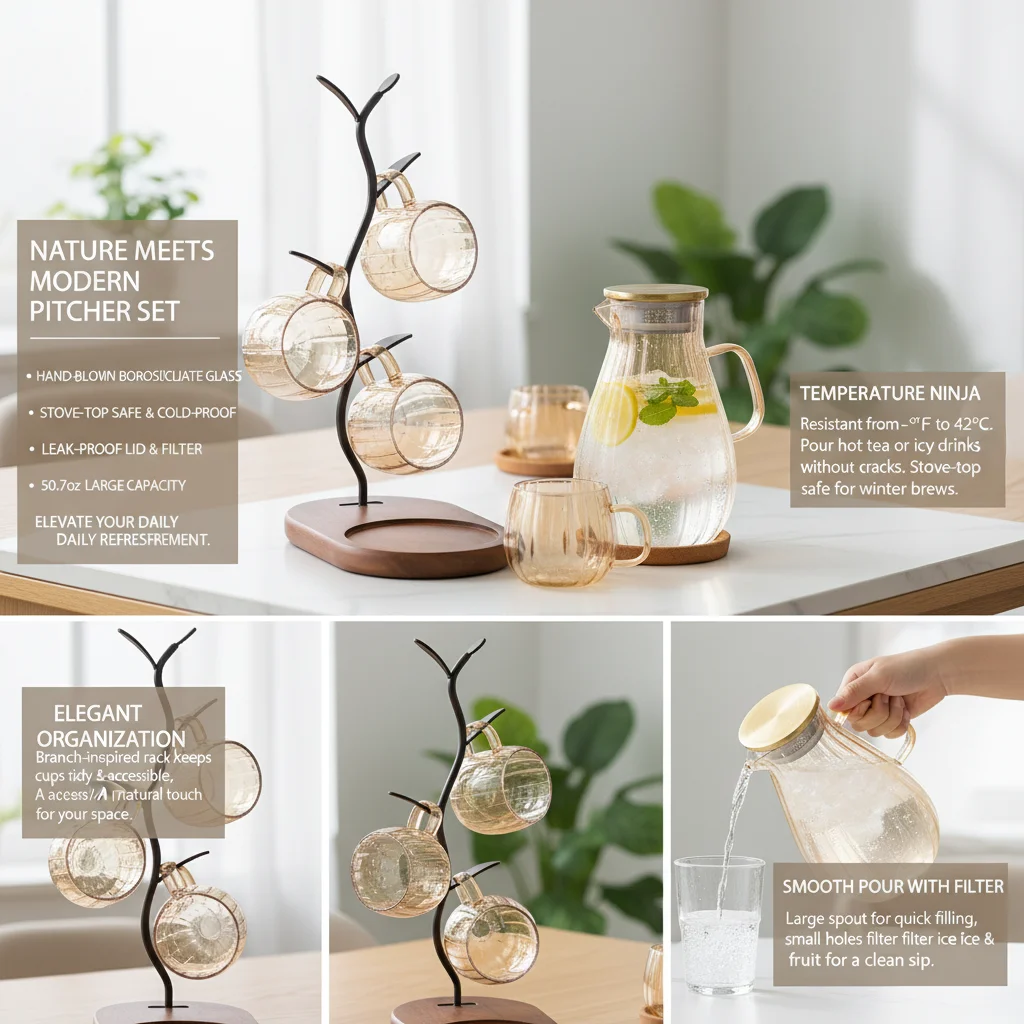 Premium Heat Resistant Borosilicate Glass Water Pitcher Set 1500ml with 4 Cups & Branch Rack for Kitchen Dining Room Office Hot Cold Drink Serving Family Gatherings
Premium Heat Resistant Borosilicate Glass Water Pitcher Set 1500ml with 4 Cups & Branch Rack for Kitchen Dining Room Office Hot Cold Drink Serving Family Gatherings