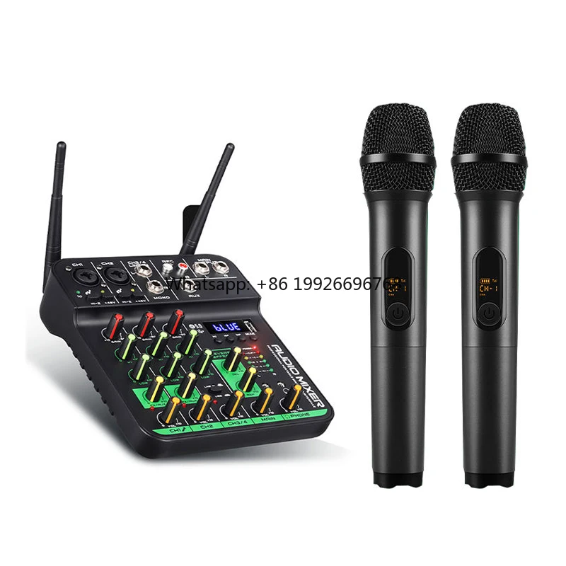 Professional 4-Channel DJ Audio Mixer with Wireless Microphone Metal and Plastic Material for Karaoke 
Professional 4-Channel DJ Audio Mixer with Wireless Microphone Metal and Plastic Material for Karaoke