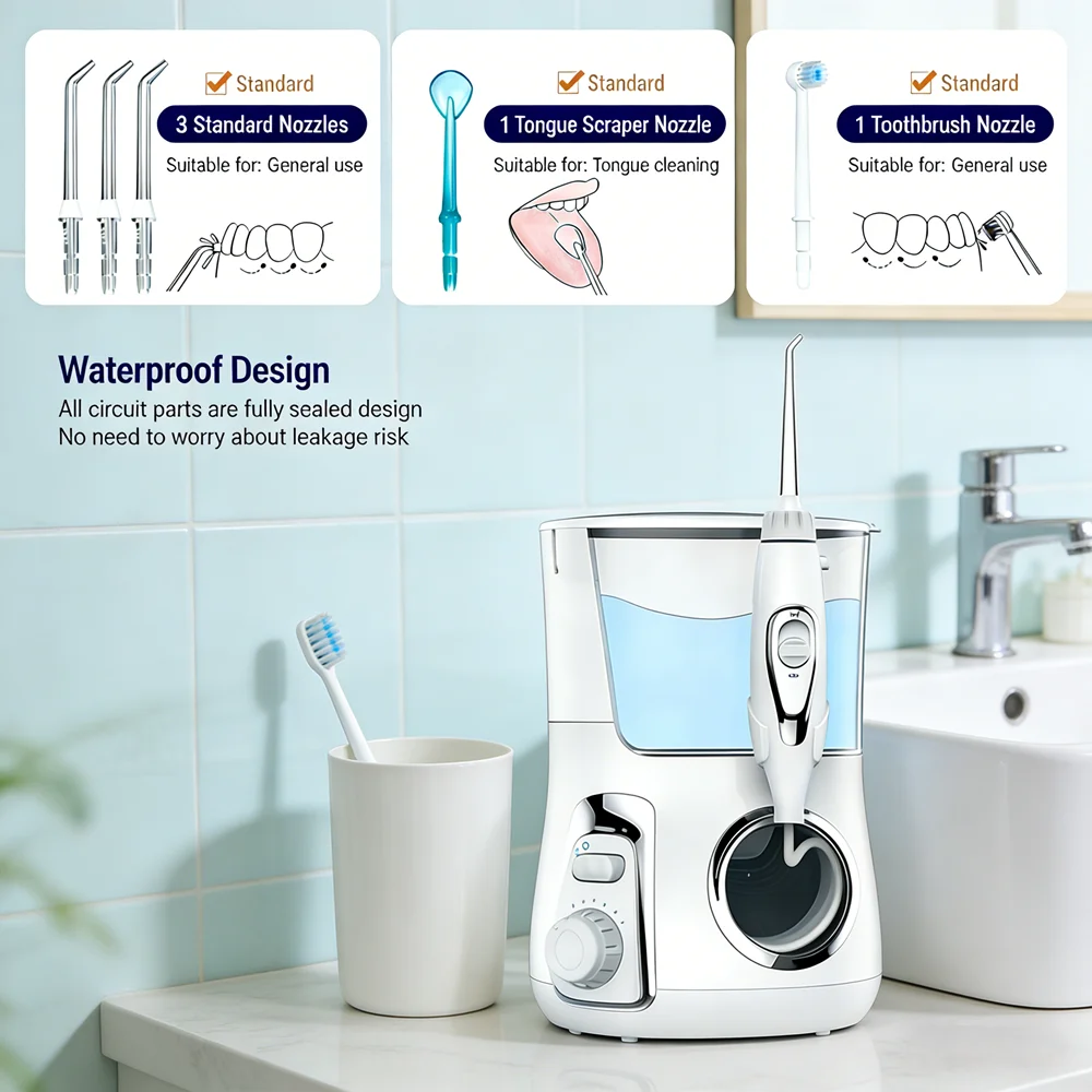 Ирригатор для домашнего ухода за зубами, 5 насадок, мощный электрический настольный ирригатор, незаменимый инструмент для чистки зубов
Ирригатор для домашнего ухода за зубами, 5 насадок, мощный электрический настольный ирригатор, незаменимый инструмент для чистки зубов