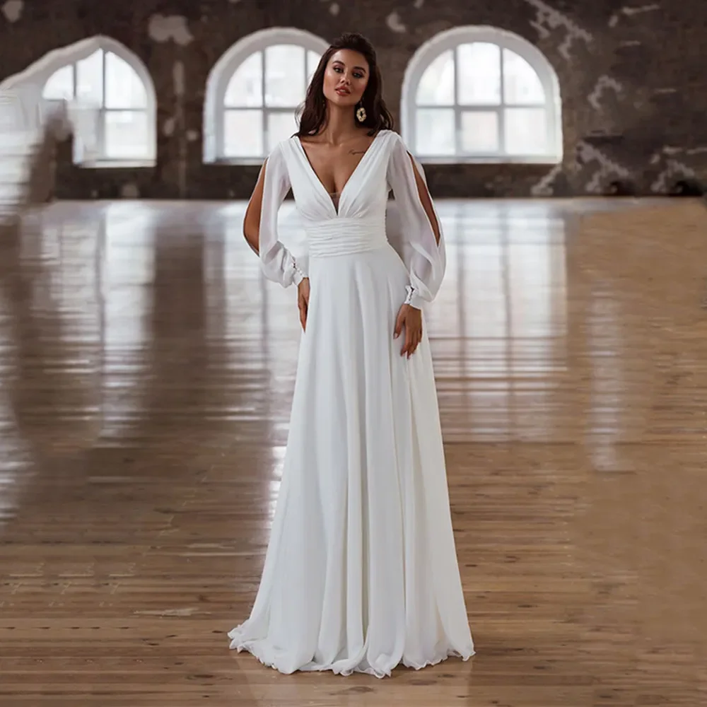 Elegant Beach Wedding Dresses V Neck Long Sleeves Backless A Line Chiffon Vestido De Novia Sweep Train Bride Gowns Custom Made
Elegant Beach Wedding Dresses V Neck Long Sleeves Backless A Line Chiffon Vestido De Novia Sweep Train Bride Gowns Custom Made