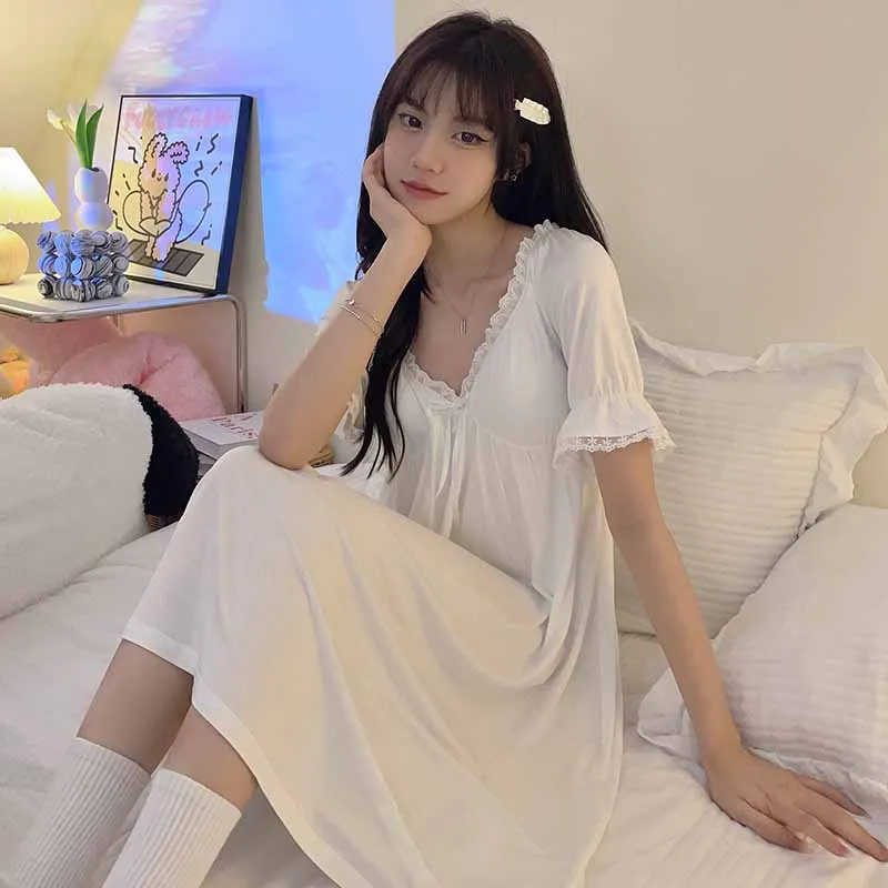 Modal Sexy Lace Edge Nightgown Summer Short Sleeve Sweet Fresh Fairy Princess Nightdress Loose Casual Home Clothes Sleepwear
Modal Sexy Lace Edge Nightgown Summer Short Sleeve Sweet Fresh Fairy Princess Nightdress Loose Casual Home Clothes Sleepwear