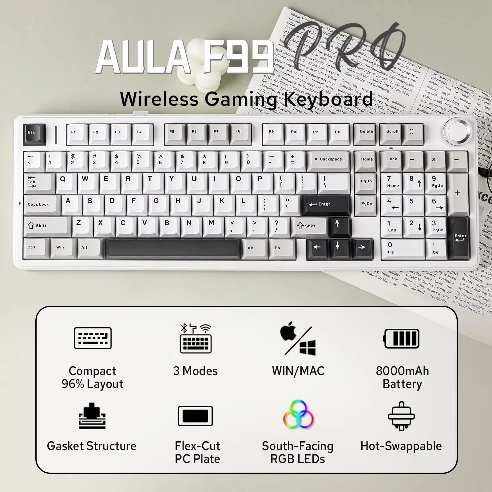 Aula F99 Pro Gaming Keyboard Bluetooth 5.0/2.4g Wireless/Wired RGB PBT Keycaps Hot Swap Gasket Structure Customized Keyboard
Aula F99 Pro Gaming Keyboard Bluetooth 5.0/2.4g Wireless/Wired RGB PBT Keycaps Hot Swap Gasket Structure Customized Keyboard