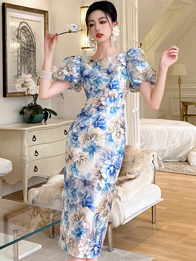 Women's Clothing Elegant Palace Style Party Dresses Ladies Pretty Blue Floral Bubble Sleeve Midi Robe Female Party Date Vestidos
Women's Clothing Elegant Palace Style Party Dresses Ladies Pretty Blue Floral Bubble Sleeve Midi Robe Female Party Date Vestidos