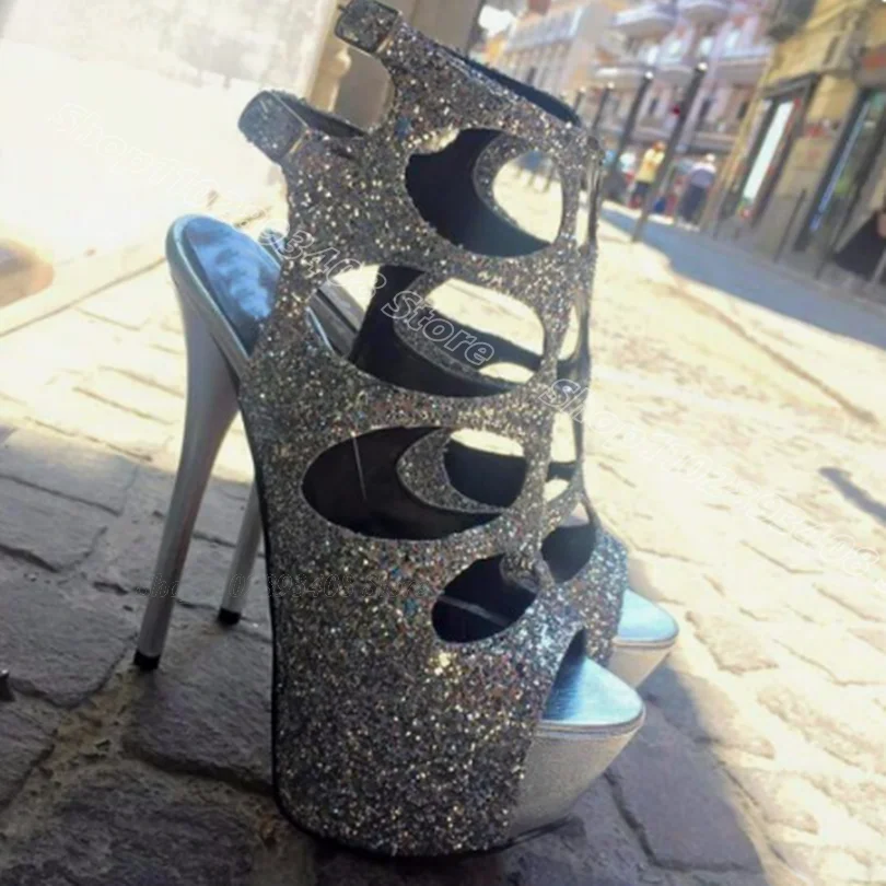 Glitter Silver Hollow Personality Sandals Ankle Platform Buckle Stiletto British Style Party Women Shoes Zapatos Para Mujere
Glitter Silver Hollow Personality Sandals Ankle Platform Buckle Stiletto British Style Party Women Shoes Zapatos Para Mujere