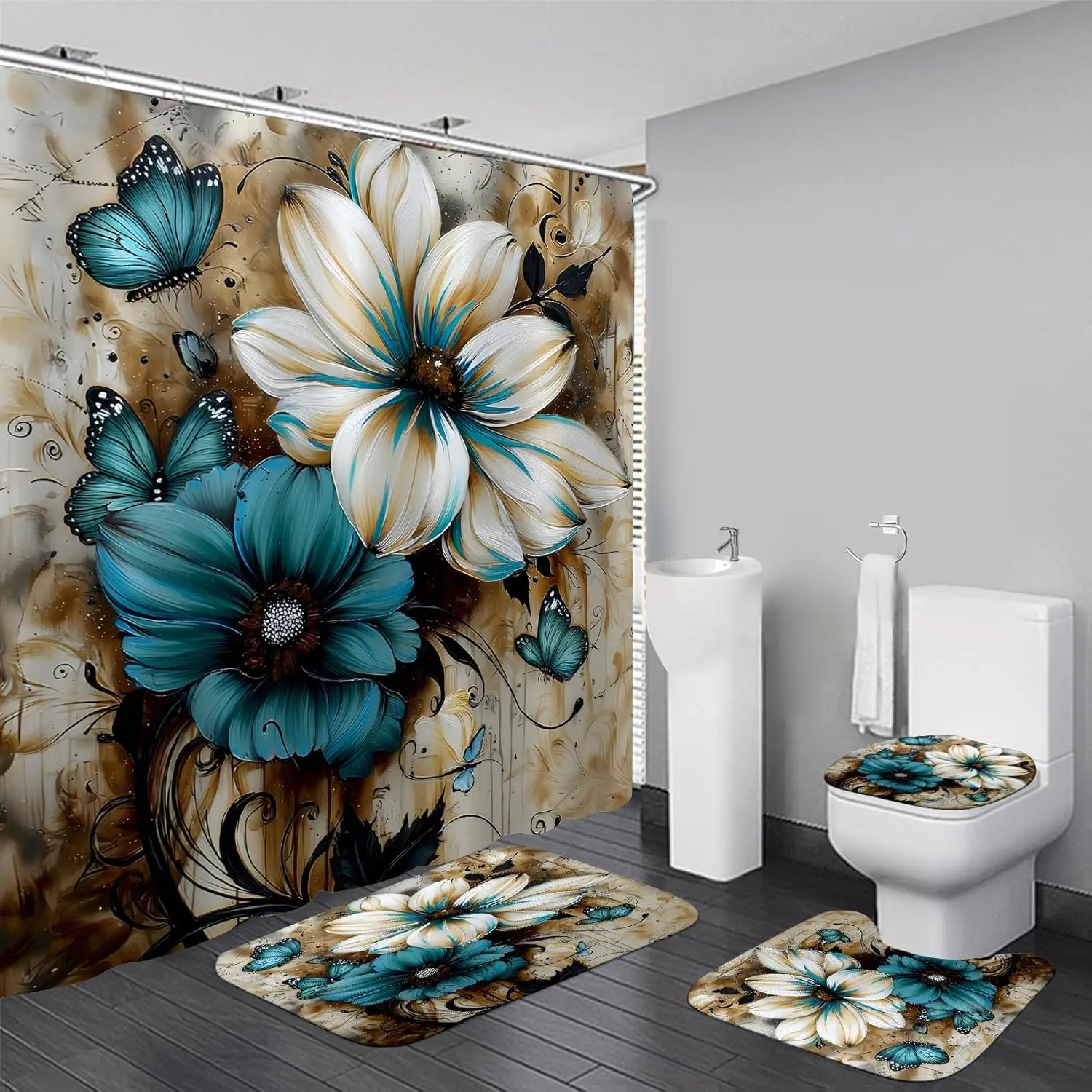 4-Piece Floral Butterfly Shower Curtain Set with Rugs and Accessories in White and Blue
4-Piece Floral Butterfly Shower Curtain Set with Rugs and Accessories in White and Blue