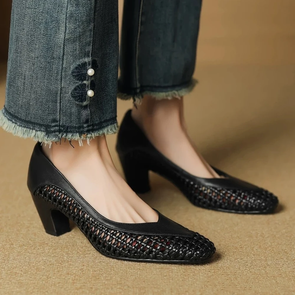 French Style Women's Woven Hollowed out High Heels Summer PU Square Toe Shallow Hole Shoes Commuting Leather Single Shoes
French Style Women's Woven Hollowed out High Heels Summer PU Square Toe Shallow Hole Shoes Commuting Leather Single Shoes