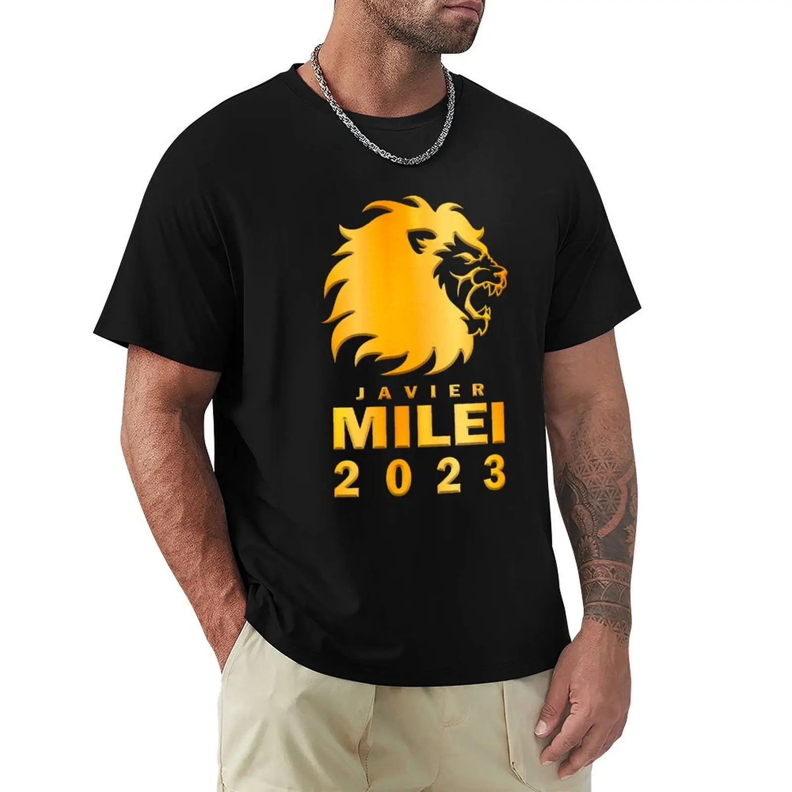Golden Javier Milei Campaign Banner T-Shirt Utility Work Short Sleeve Top
Golden Javier Milei Campaign Banner T-Shirt Utility Work Short Sleeve Top