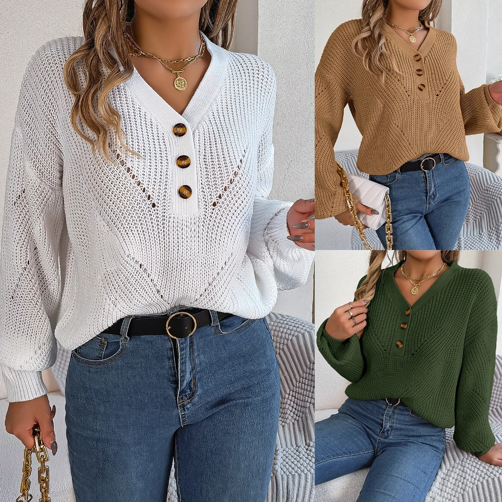 Women's Autumn Winter Hollow V-Neck Button Lantern Sleeve Pullover Sweater Independent Station Fashionable Top
Women's Autumn Winter Hollow V-Neck Button Lantern Sleeve Pullover Sweater Independent Station Fashionable Top