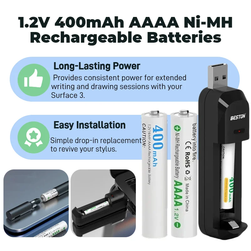 AAAA Rechargeable Battery 1.2V with Charger for Stylus Pen Digital Pen Blood Glucose Monitor Ni-MH Battery Low Self Discharge
AAAA Rechargeable Battery 1.2V with Charger for Stylus Pen Digital Pen Blood Glucose Monitor Ni-MH Battery Low Self Discharge