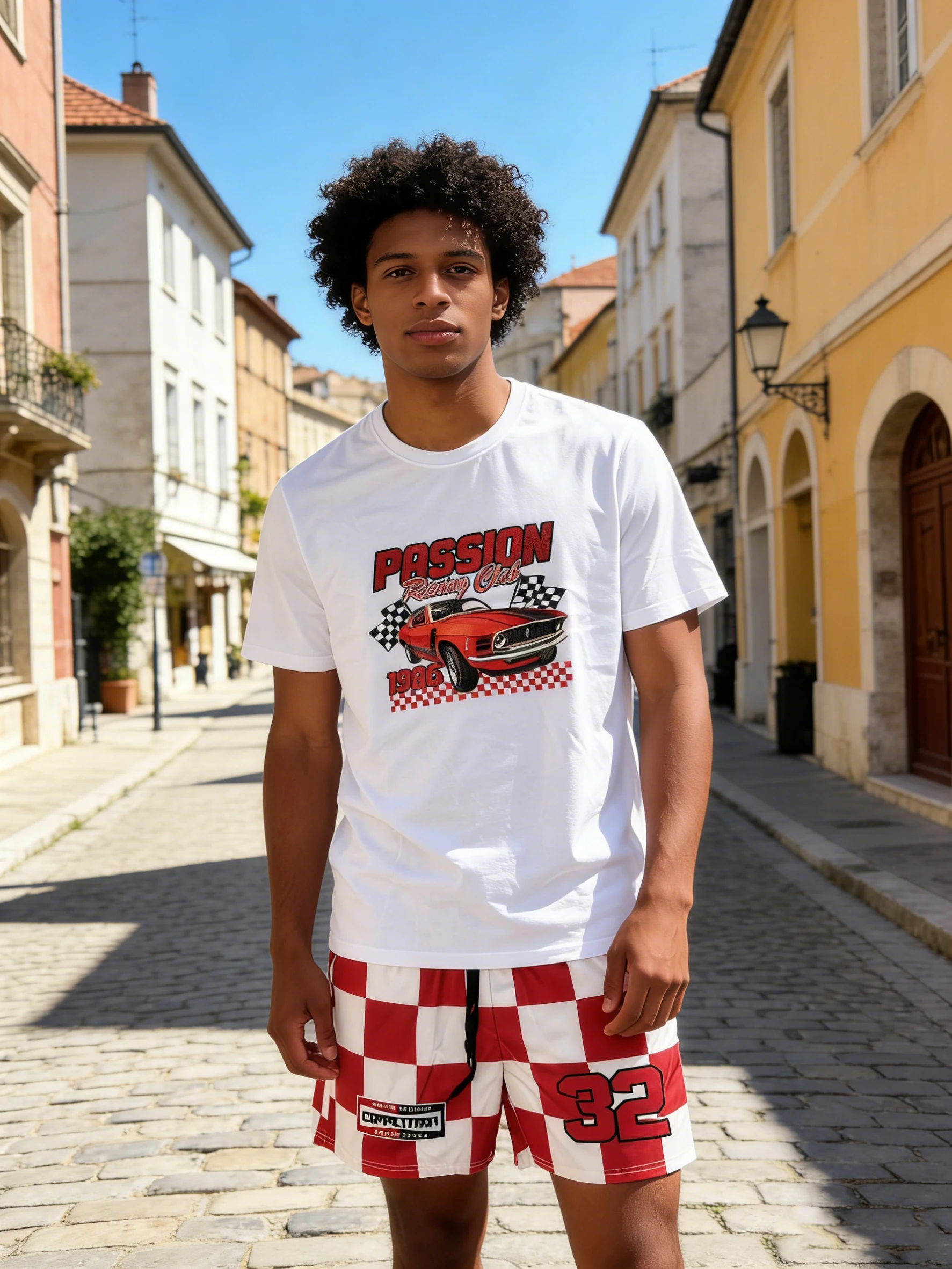 Men's Y2K Streetwear 2 Piece Set, 1986 Passion Racing Graphic T Shirt and Checked Shorts, Summer Casual Tracksuit
Men's Y2K Streetwear 2 Piece Set, 1986 Passion Racing Graphic T Shirt and Checked Shorts, Summer Casual Tracksuit