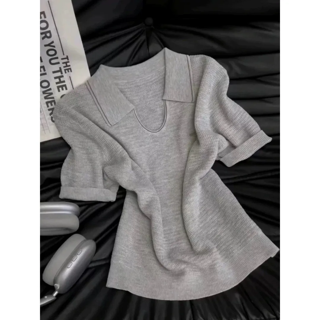 Korean Style Collar Grey Ice Silk Knitted Short Sleeve T-Shirt Women Summer Luxury Short Length Small Top Casual Wear
Korean Style Collar Grey Ice Silk Knitted Short Sleeve T-Shirt Women Summer Luxury Short Length Small Top Casual Wear