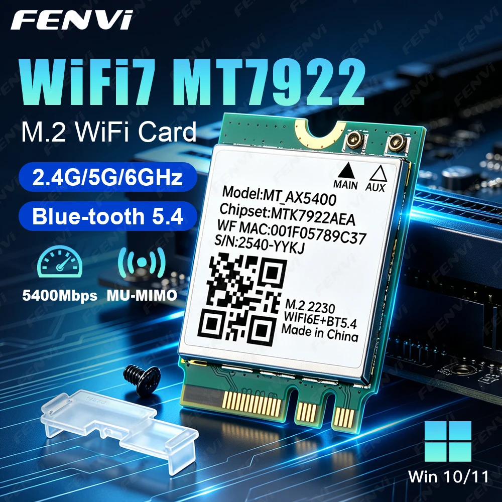 FENVI WiFi 6E MT7922 M.2 WiFi Card 5374Mbps BT5.4 Tri Band 2.4G/5G/6Ghz 802.11AX Wireless Network Adapter For PC/Laptop Win10/11
FENVI WiFi 6E MT7922 M.2 WiFi Card 5374Mbps BT5.4 Tri Band 2.4G/5G/6Ghz 802.11AX Wireless Network Adapter For PC/Laptop Win10/11