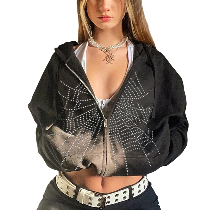 Spider Web Rhinestone Hoodie Women y2k Aesthetic Clothes Zip Up Long Sleeve Tops with Pockets Gothic Punk Sweatshirt Streetwear
Spider Web Rhinestone Hoodie Women y2k Aesthetic Clothes Zip Up Long Sleeve Tops with Pockets Gothic Punk Sweatshirt Streetwear