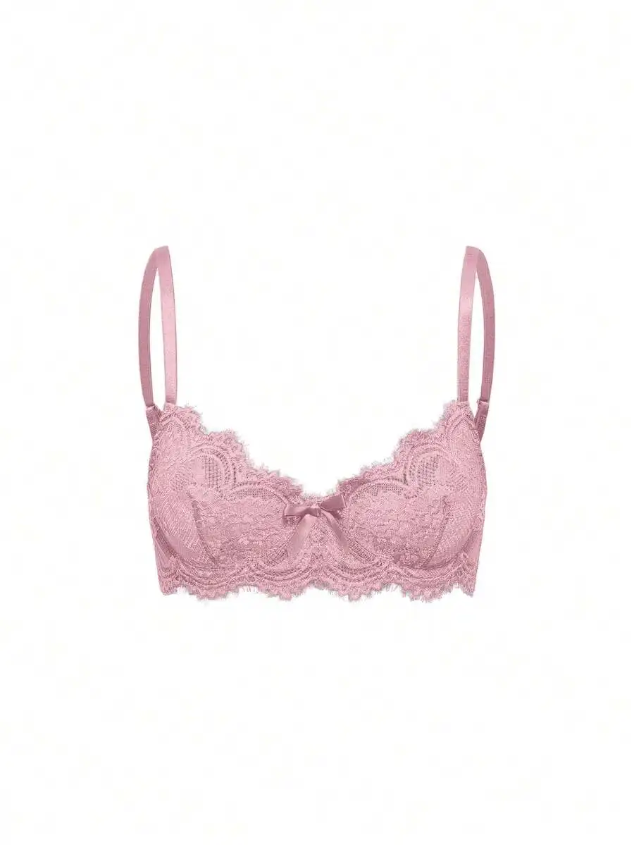 Pink Lace Triangle Underwire Bra With Floral Pattern And Center Bow
Pink Lace Triangle Underwire Bra With Floral Pattern And Center Bow