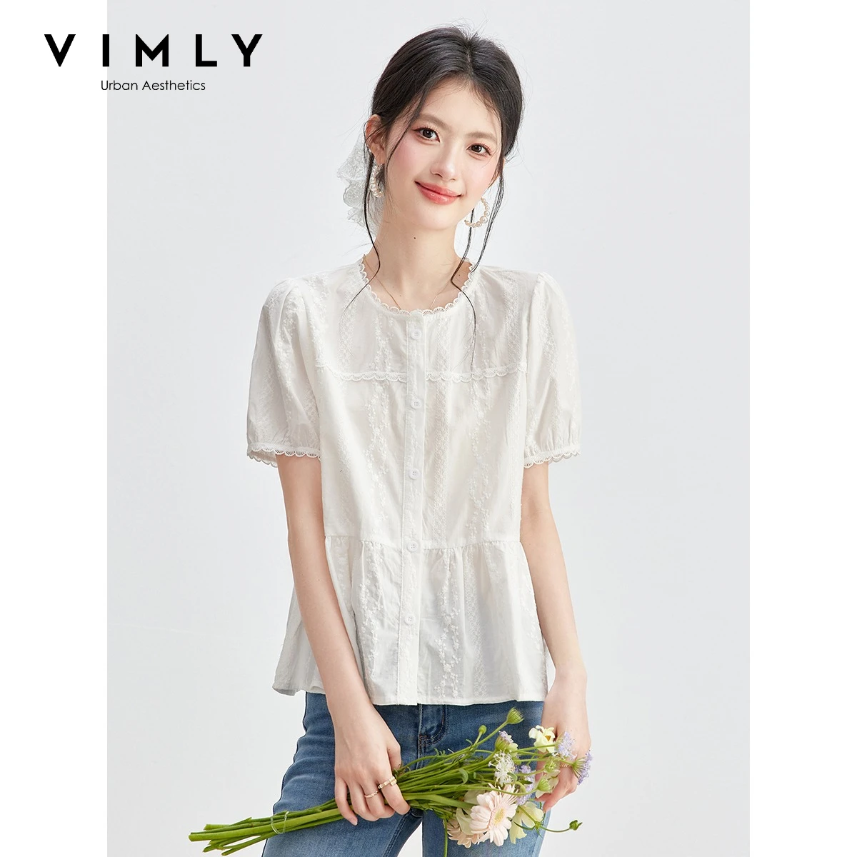 VIMLY Women Short Sleeve Shirt White Cotton Shirt 2026 New Puff Sleeve Lace Splicing Doll Shirt Top Female Clothes 31007
VIMLY Women Short Sleeve Shirt White Cotton Shirt 2026 New Puff Sleeve Lace Splicing Doll Shirt Top Female Clothes 31007
