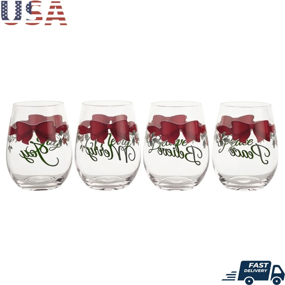 Set of 4 Stemless Wine Glasses with Holiday Ribbons and Unique Sentiments Cocktails and Beverages Elegant Giftware
Set of 4 Stemless Wine Glasses with Holiday Ribbons and Unique Sentiments Cocktails and Beverages Elegant Giftware