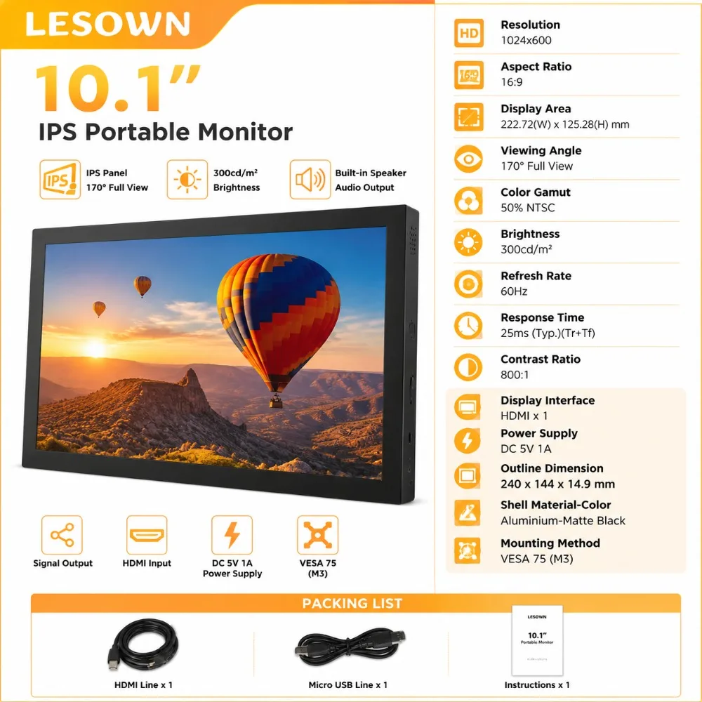 LESOWN Plug and Play Display 10.1 Inch 1024x600 PC Extender Screen Zero Setup Secondary Monitor HDTV Input Matte Black Panel
LESOWN Plug and Play Display 10.1 Inch 1024x600 PC Extender Screen Zero Setup Secondary Monitor HDTV Input Matte Black Panel