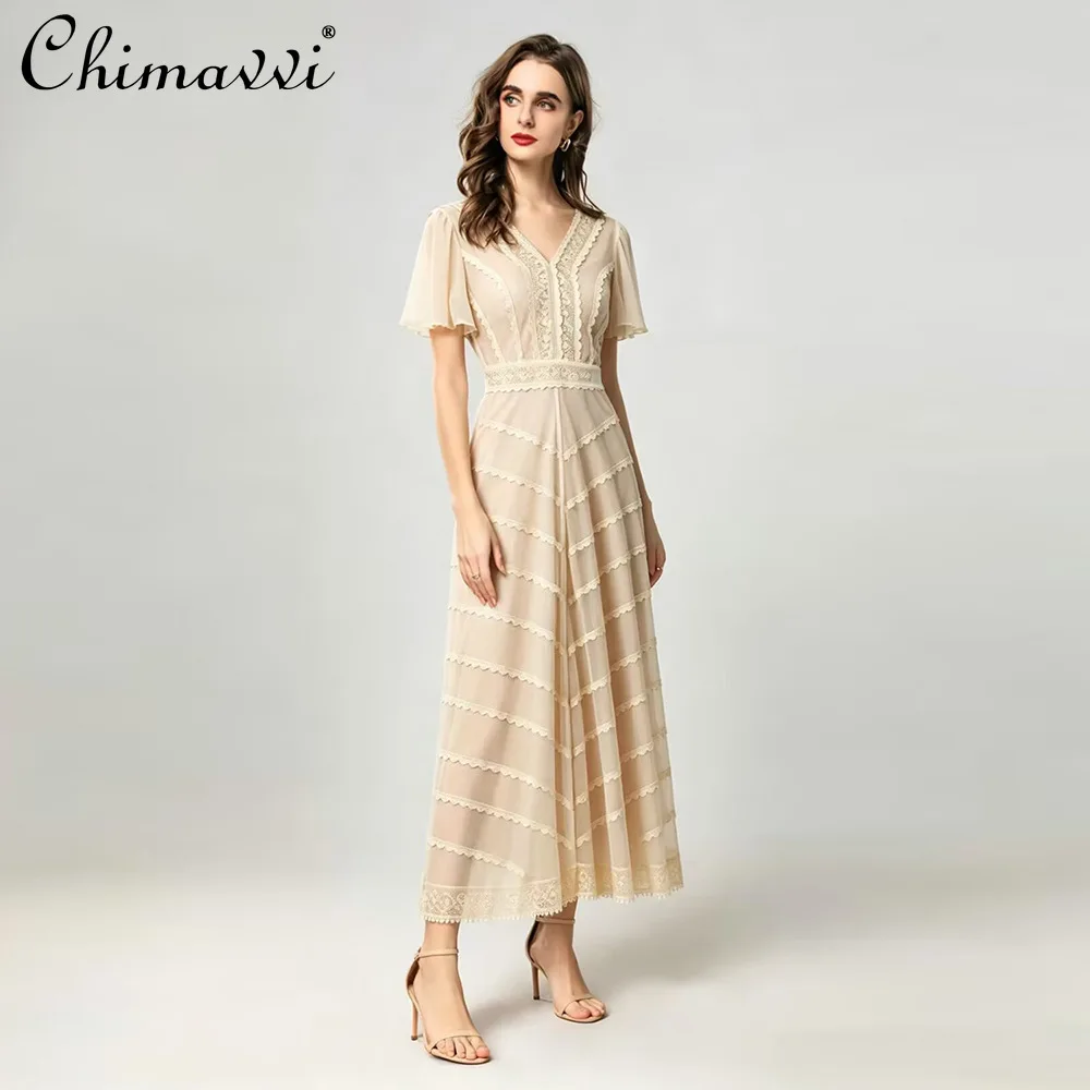 2026 Summer French Elegant Temperament V-Neck Short Sleeve Lace Patchwork Embroidery High Waist A-line Long Evening Dress Women
2026 Summer French Elegant Temperament V-Neck Short Sleeve Lace Patchwork Embroidery High Waist A-line Long Evening Dress Women