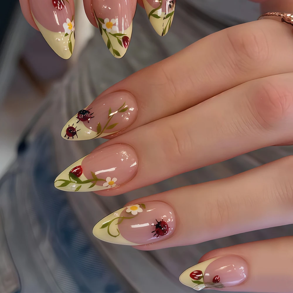 24Pcs Almond-Shaped Nails in Spring-Summer Goose Yellow, French-Style Simple and Fashionable Fake Nails, Elegant Bud Flower Design, Cute Ladybug Design, Wearable Nails Suitable for Home Parties, Removable Fake Nails Suitable for Daily Dating Wear, Reusabl
24Pcs Almond-Shaped Nails in Spring-Summer Goose Yellow, French-Style Simple and Fashionable Fake Nails, Elegant Bud Flower Design, Cute Ladybug Design, Wearable Nails Suitable for Home Parties, Removable Fake Nails Suitable for Daily Dating Wear, Reusabl