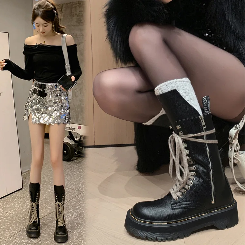Raised Platform Leather Lace-Up Boots Side Zip Round Toe Rubber Sole Ankle Botines Women Cool Thin Side Pull Motorcycle Botas
Raised Platform Leather Lace-Up Boots Side Zip Round Toe Rubber Sole Ankle Botines Women Cool Thin Side Pull Motorcycle Botas