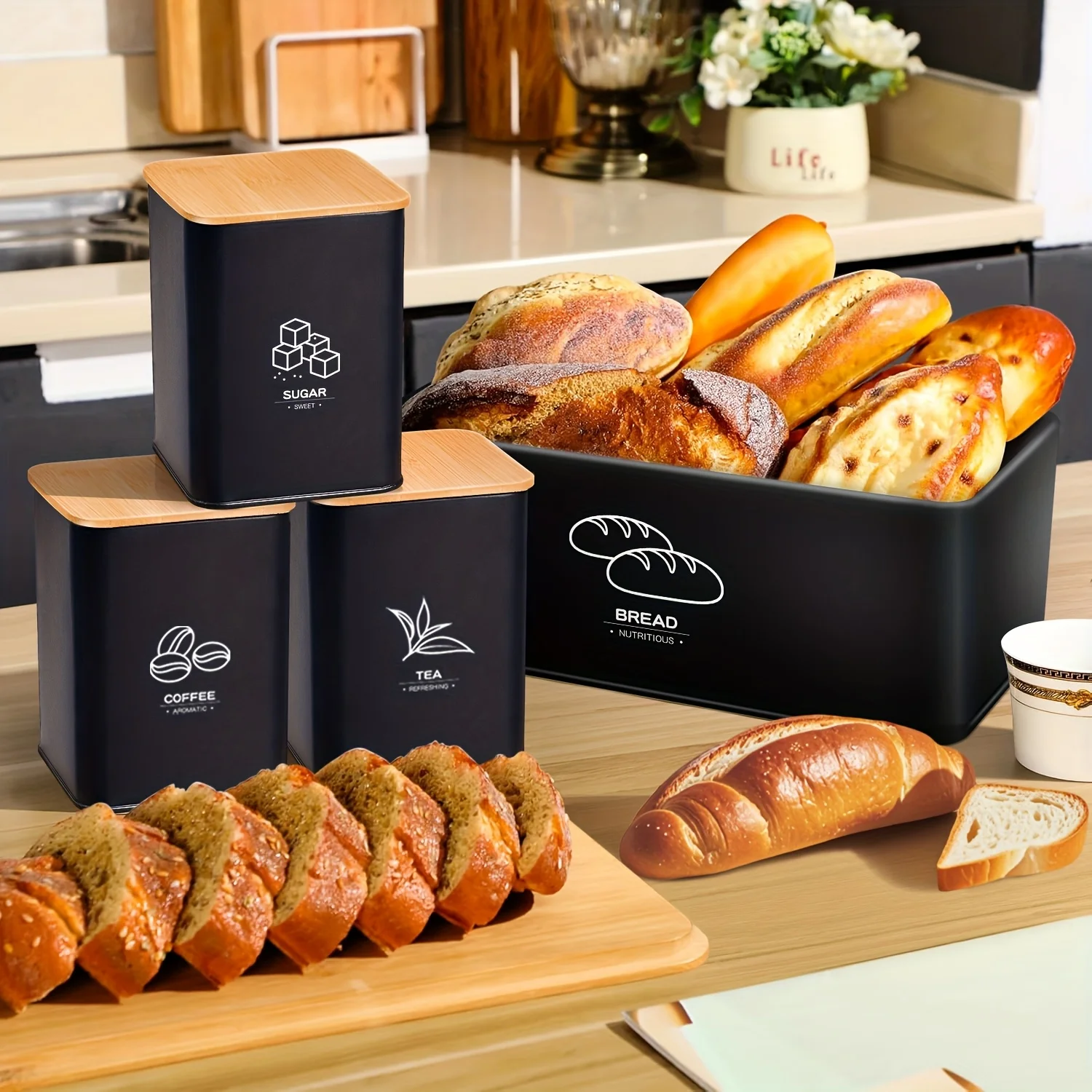 Metal Bread Box for Kitchen Countertop with Coffee Sugar Tea Kitchen Storage Containers, Bread Box And Canisters Set for The Kitchen with Lid, Classic Bread Tin with Lid for Loaves, Large Capacity
Metal Bread Box for Kitchen Countertop with Coffee Sugar Tea Kitchen Storage Containers, Bread Box And Canisters Set for The Kitchen with Lid, Classic Bread Tin with Lid for Loaves, Large Capacity