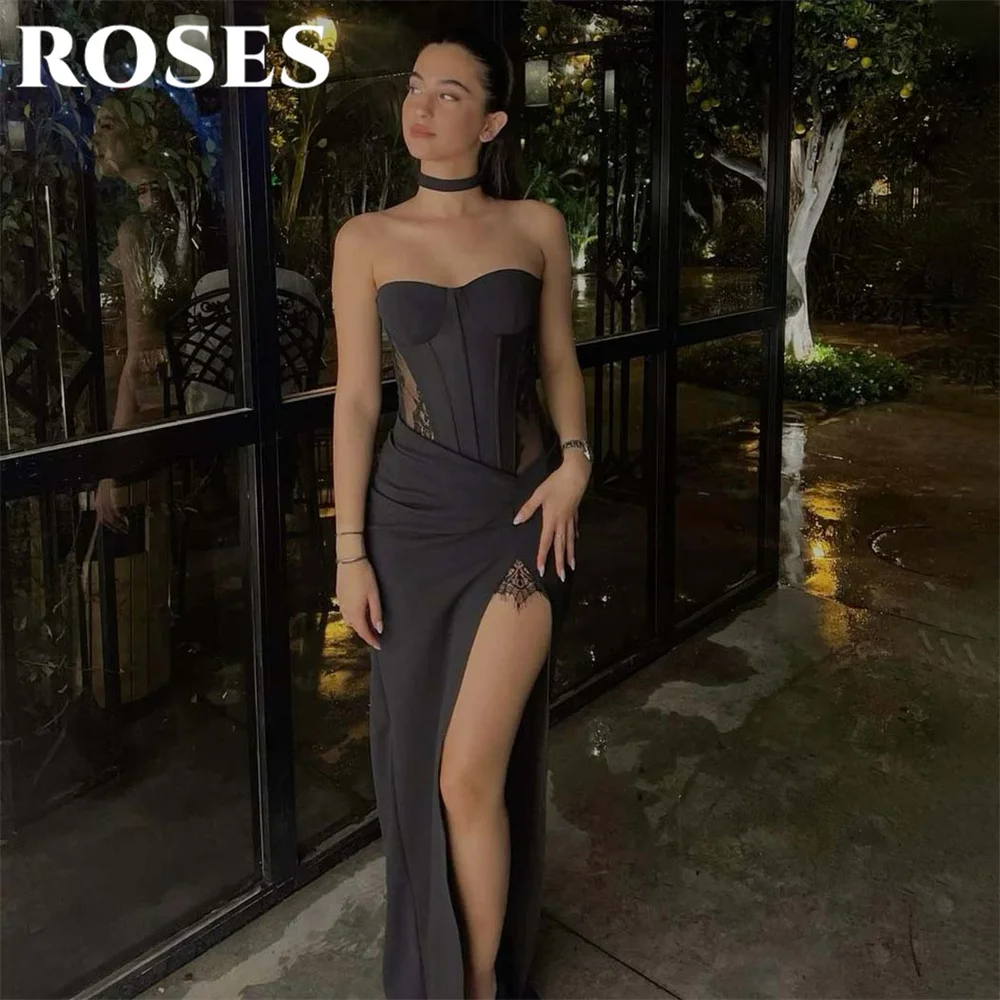 ROSES Black Elegant Prom Dress Sweetheart Lovely Ruffle Lace Party Dress Satin High Split Evening Dress robe de bal Customized
ROSES Black Elegant Prom Dress Sweetheart Lovely Ruffle Lace Party Dress Satin High Split Evening Dress robe de bal Customized