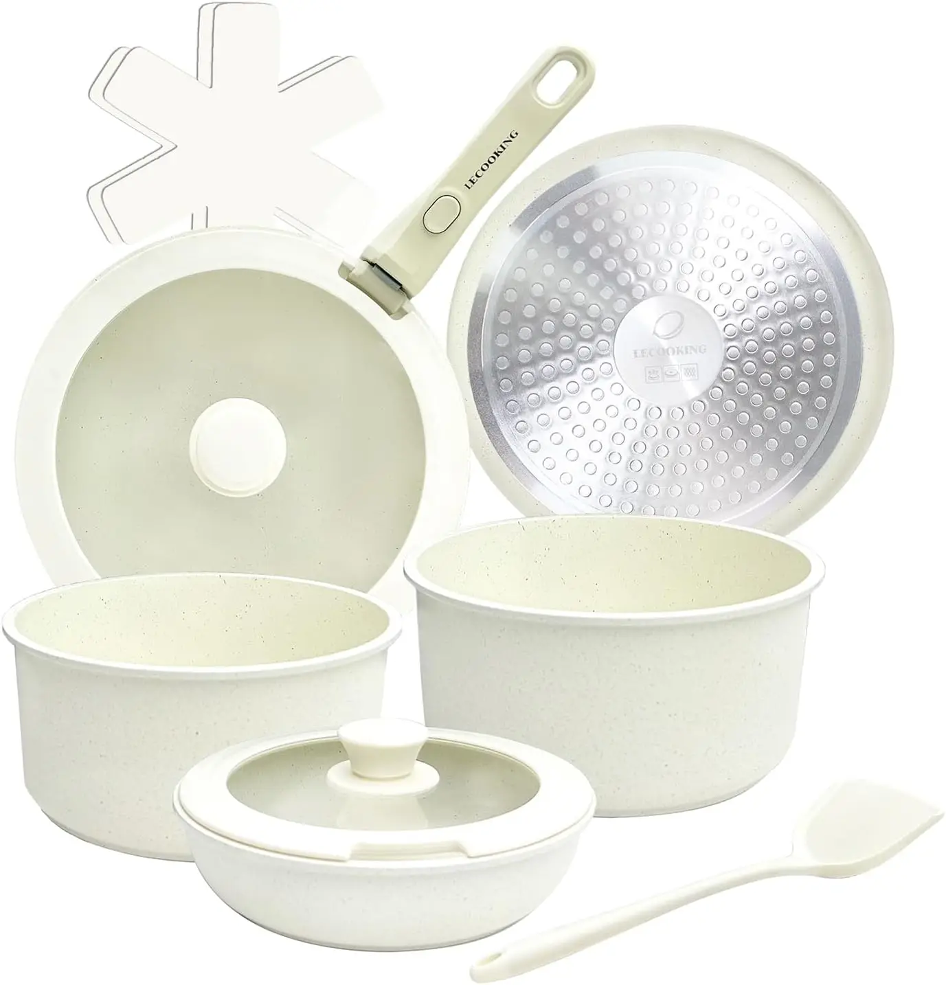 11 PCS Pots and Pans Set With Removable Handles White Non Stick Cookware Set, Induction&Gas Stove Compatible, Dishwasher Safe.
11 PCS Pots and Pans Set With Removable Handles White Non Stick Cookware Set, Induction&Gas Stove Compatible, Dishwasher Safe.