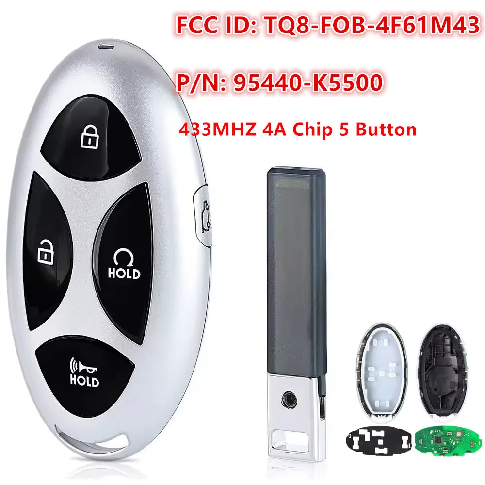 PN 95440-K5500 Aftermarket Smart Remote key 4+1 Buttons FCC:TQ8-FOB-4F61M43 433MHZ 4A Chip For Hyundai Santa Cruz 2024 2025 2026
PN 95440-K5500 Aftermarket Smart Remote key 4+1 Buttons FCC:TQ8-FOB-4F61M43 433MHZ 4A Chip For Hyundai Santa Cruz 2024 2025 2026