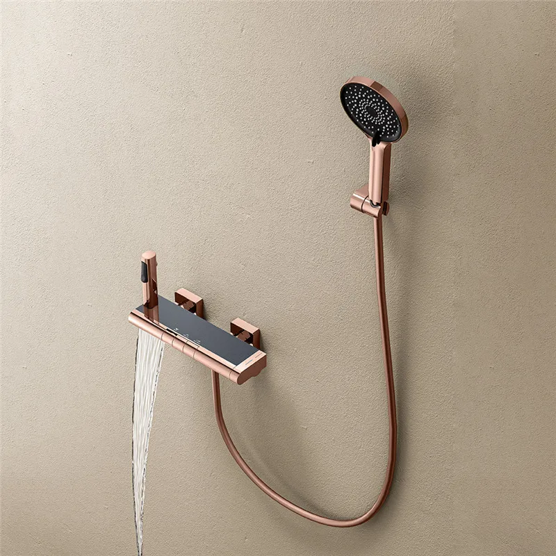 Настенный термостатический смеситель для душа и ванны из матовой латуни цвета розового золота с функцией водопада, для ванной комнаты
Настенный термостатический смеситель для душа и ванны из матовой латуни цвета розового золота с функцией водопада, для ванной комнаты
