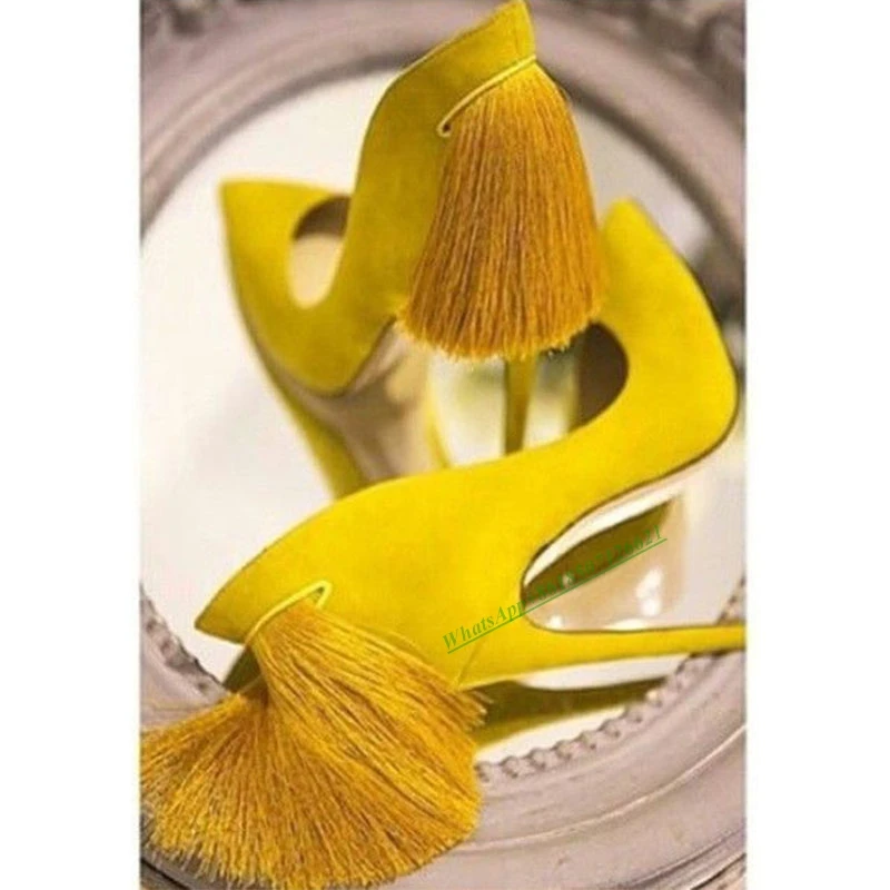 Pointed stiletto high heel tassel pumps candy color super high heel slip on large size woman shoes
Pointed stiletto high heel tassel pumps candy color super high heel slip on large size woman shoes