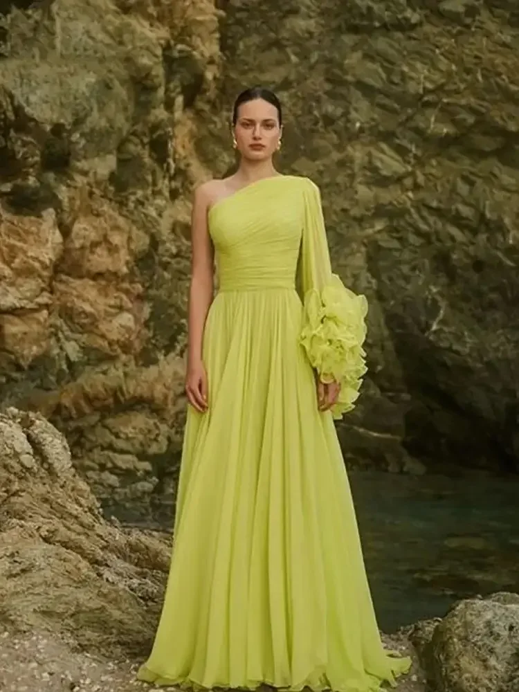 Unique One Shoulder Sleeve Chiffon Evening Dresses A Line Pleated Party Prom Gowns 2025 For Women فساتين حفلة موسيقية
Unique One Shoulder Sleeve Chiffon Evening Dresses A Line Pleated Party Prom Gowns 2025 For Women فساتين حفلة موسيقية