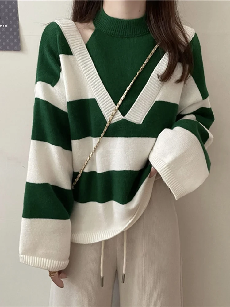 Women's Sweater Loose Hanging Neck Striped Fake Two-piece Knitted Sweater Long Sleeve Off Shoulder Fashion Versatile Sweater Top
Women's Sweater Loose Hanging Neck Striped Fake Two-piece Knitted Sweater Long Sleeve Off Shoulder Fashion Versatile Sweater Top