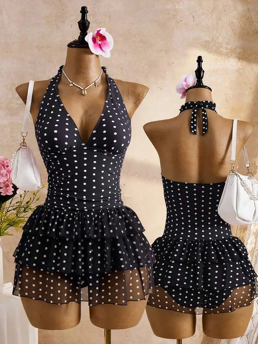 Women Halter Neck Polka Dot Swim Dress Black White Sleeveless Tiered Ruffle
Women Halter Neck Polka Dot Swim Dress Black White Sleeveless Tiered Ruffle