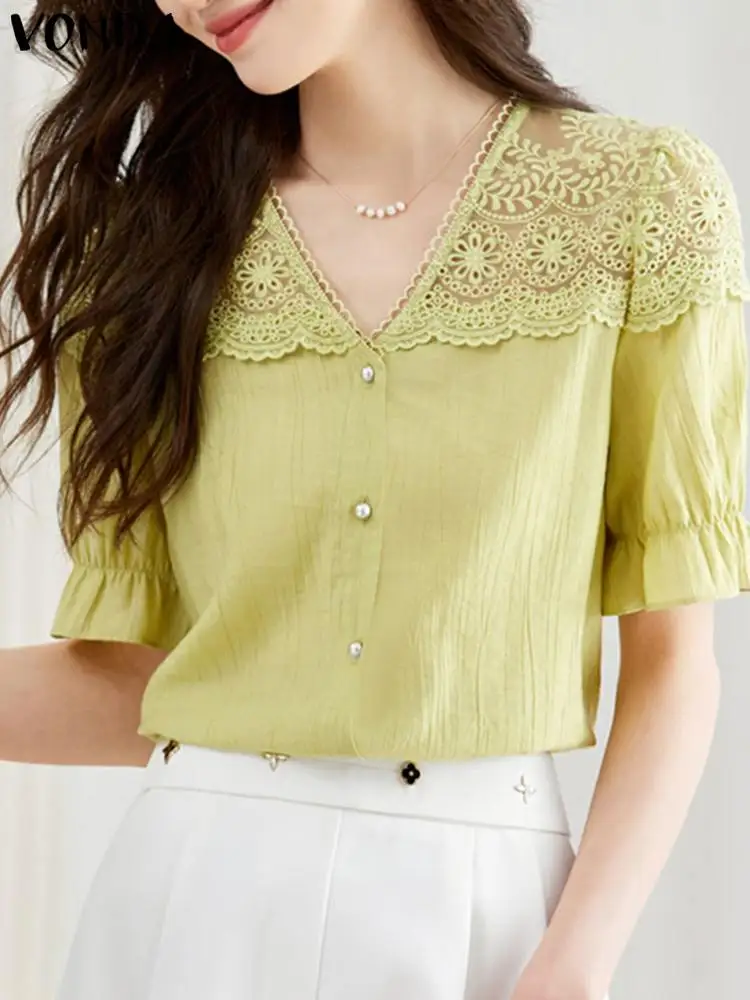 VONDA Women Office Blouses Elegant Shirts 2024 Summer Sexy Lace Tops Short Puff Sleeve V-Neck Buttons Casual Blusas Femininas
VONDA Women Office Blouses Elegant Shirts 2024 Summer Sexy Lace Tops Short Puff Sleeve V-Neck Buttons Casual Blusas Femininas